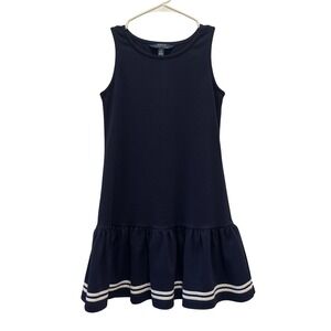 Polo Ralph Lauren Dress Kids M 8-10 Navy Blue Drop Waist Ruffle Hem Coastal Prep